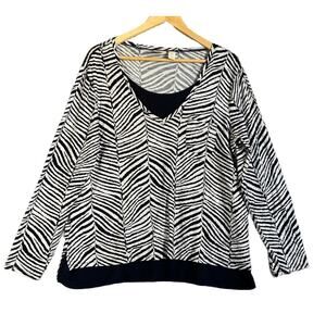 Chico’s Tunic Large Zebra Two-In-One Top Silver Metallic Shimmer Stretch Jersey